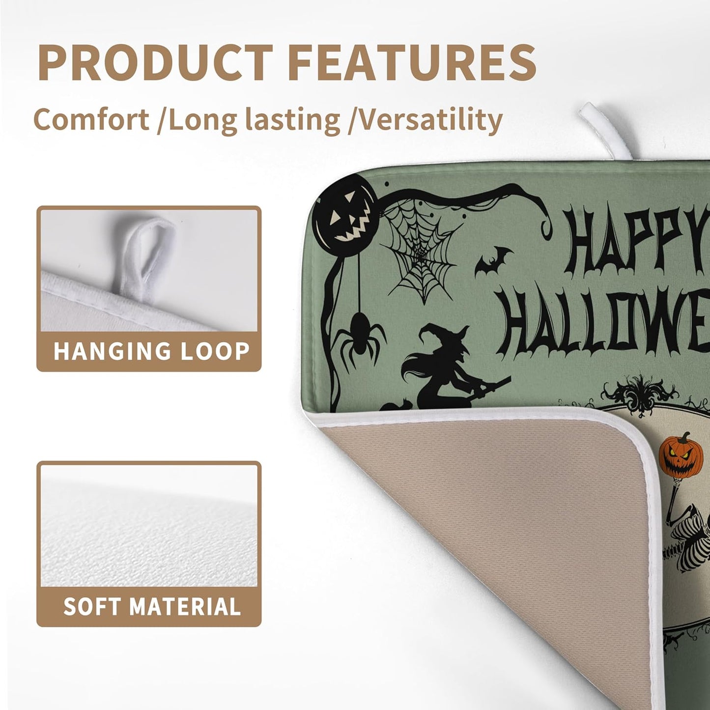 Happy Halloween Dish Drying Mat for Kitchen Counter 16x18 Skull Pumpkin Witch Spider Web Bat Ghost Drying Mats Green Black Absorbent Microfiber Dish Drainer Rack Pad for Coffee Bar