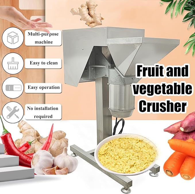 Fruit and Vegetable Crushing Machine Vertical Stainless Steel Food Processor Chopper Fruit Crusher Shredder Electric Garlic Potato Mashing Equipment for Purees Dips and Sauces 220V No Plug