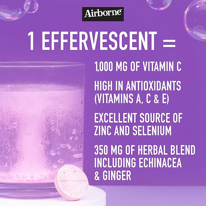 Vitamin C 1000mg (per serving) - Airborne Very Berry Effervescent Tablets (36 count in a box), Gluten-Free Immune Support Supplement, With Vitamins A C E, ZINC, Selenium, Echinacea & Ginger