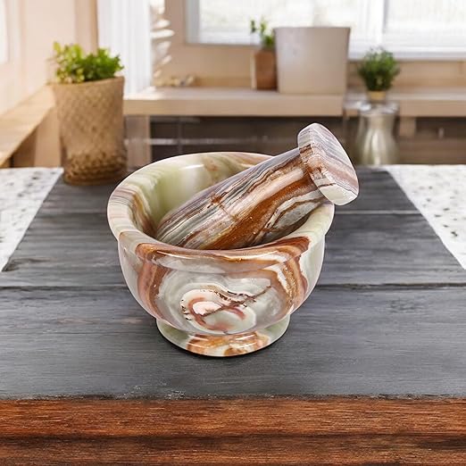 Exquisite Marble Mortar and Pestle Set - Your Ultimate Kitchen Essential for Grinding Spices, Making Guacamole, Salsa, Pesto, and Crushing Pills (Onyx Green, Bowl Shape (4"))