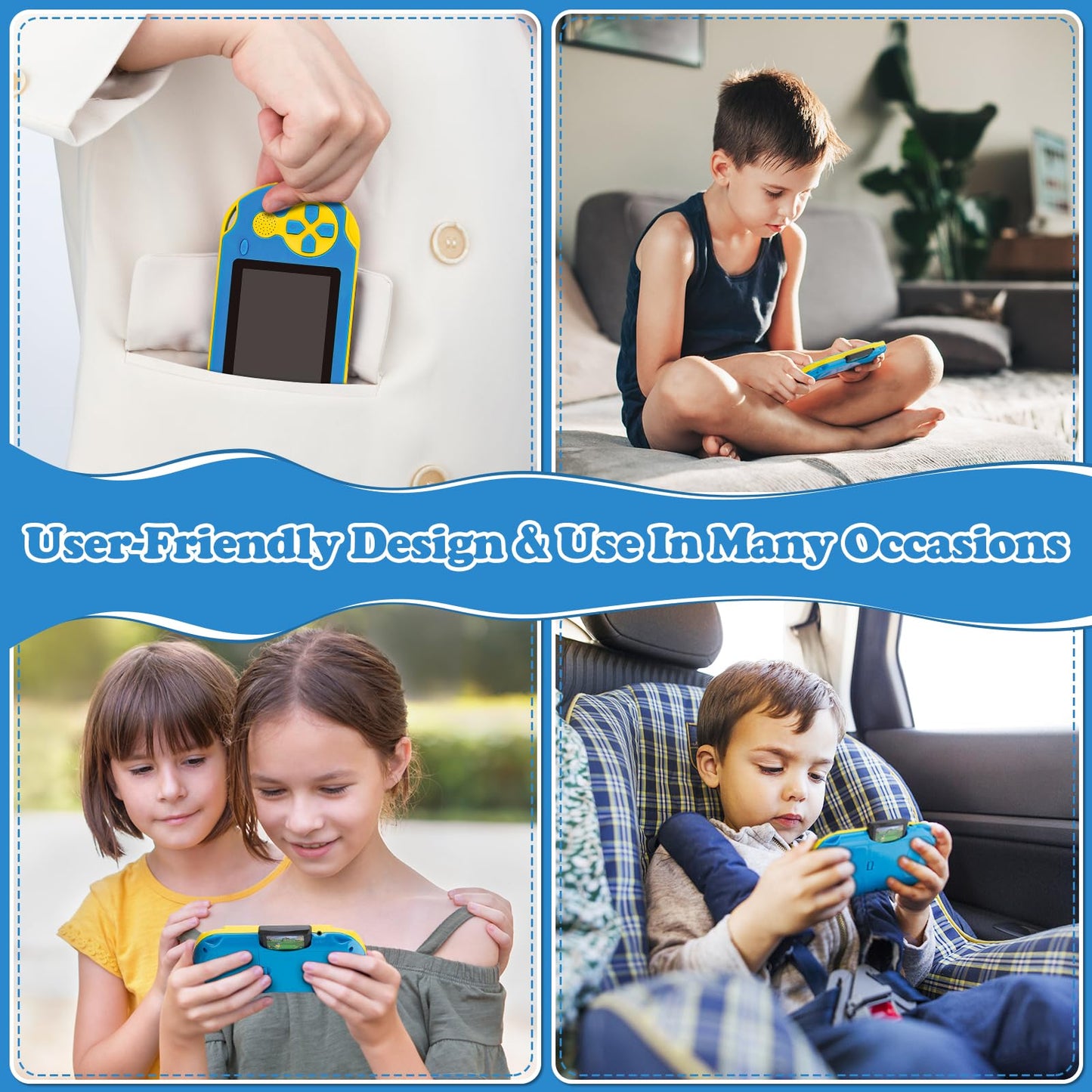16 Bit Handheld Game for Kids, Video Game Player with Built in 230 HD Games, 3.0'' Screen Retro Electronic Machine with 3 Cartridges, Portable Rechargeable Games for Ages 3-12(Blue)
