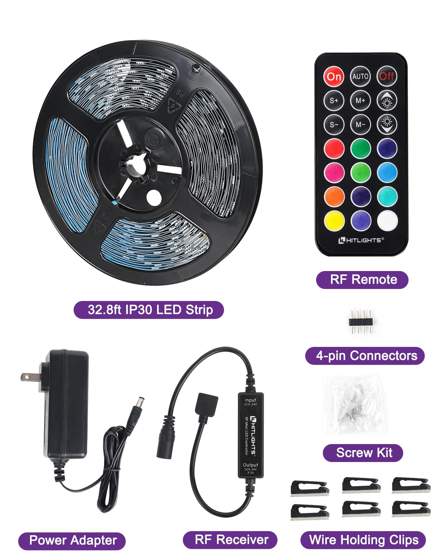 32.8ft LED Strip Lights, HitLights RGB 5050 Color Changing LED Light Kit Ultra Brighter 300LEDs Flexible Light Strips with RF Remote and UL Power Supply for Home Room Party TV Bedroom