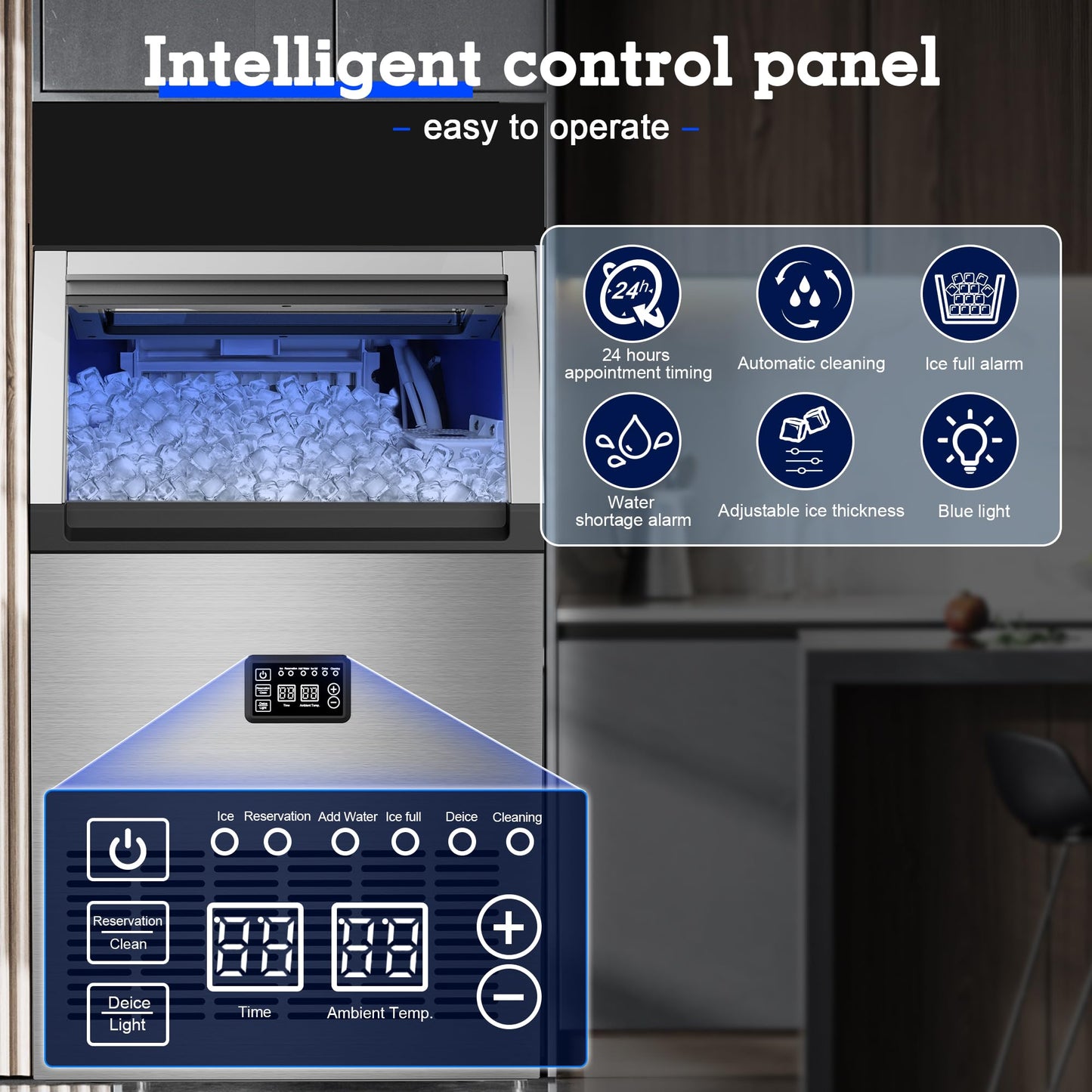 Ice Maker Commercial Ice Maker Machine 200lbs/24H with 34Lbs Storage, Stainless Steel Undercounter/Freestanding Ice Machine 2 Water Inlet Modes 55Ice/Cycle, Self-Cleaning for Homes Restaurants Bars