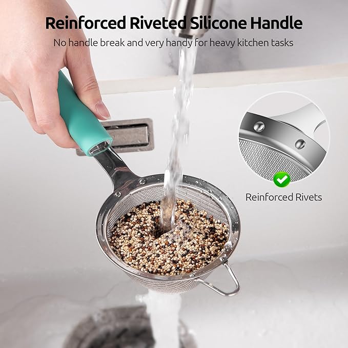 U-Taste Fine Mesh Food Strainer: 18/8 Stainless Steel 30 Mesh Kitchen Sieve with Sturdy Riveted Silicone Handle, Heavy Duty Deep Handheld Metal Colander (Small/3.35in+Medium/4.73, Aqua Sky)