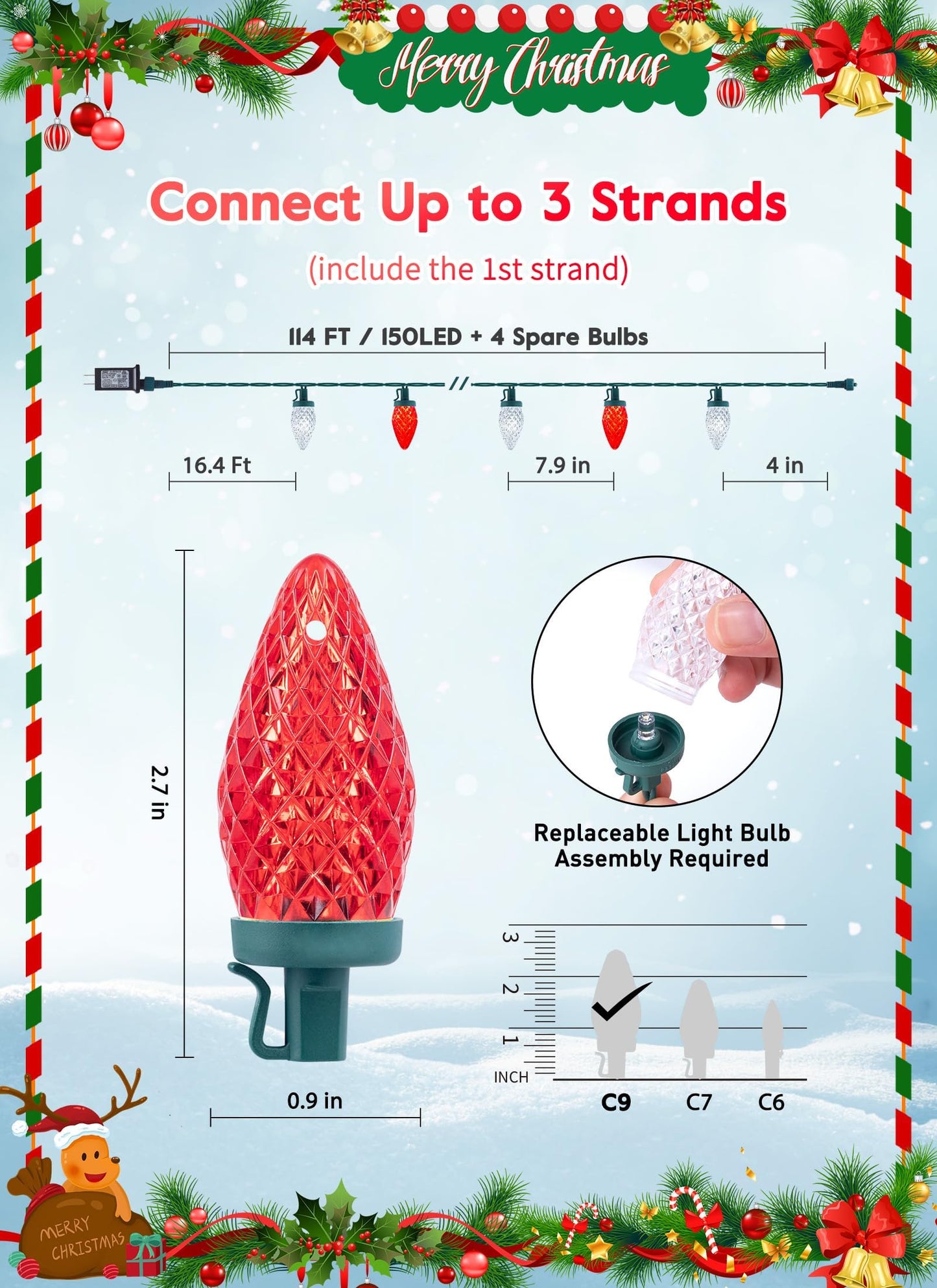 C9 Christmas Lights Outdoor Waterproof  114 Feet 150 Led C9 String Light With Timer & 8 Light Mode  Connectable Christmas Tree Lights For House Outside Roofline Indoor Decoration  Red & Pure White