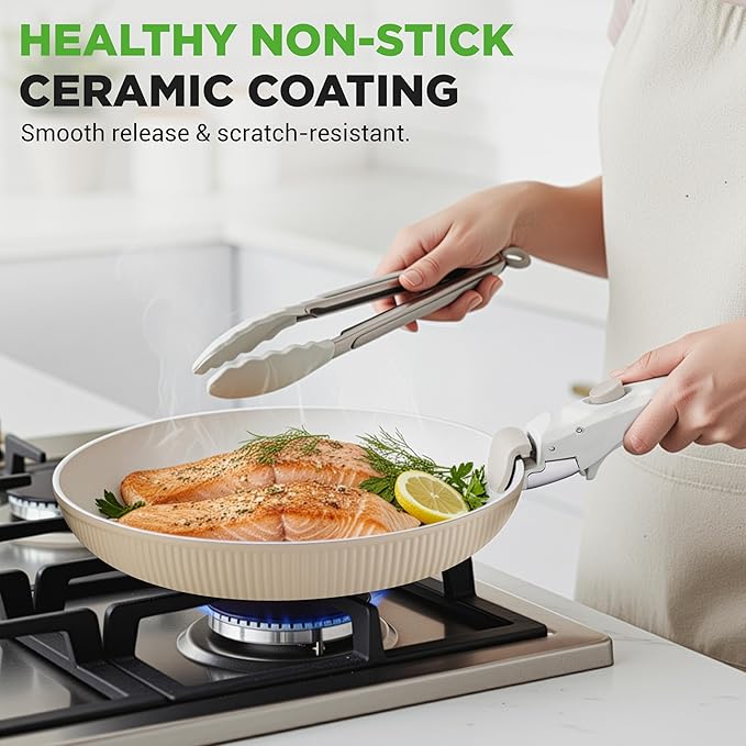 NutriChef 18-Piece Ceramic Cookware Set with Detachable Handles, Non Stick Pots and Pans, PTFE-Free Natural Ceramic Coating, Space-Saving Design, Oven & Stove Safe, Includes Utensils, Cream