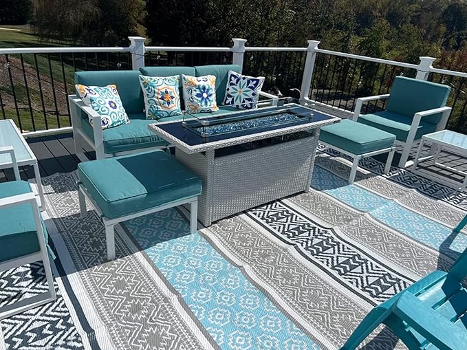 BalajeesUSA Outdoor Plastic Patio Rugs – 6x9, Grey, Teal, Durable and Affordable Multipurpose Woven Plastic Straw Recycled All-Weather and Waterproof Rug Reversible Camper Mats 7018