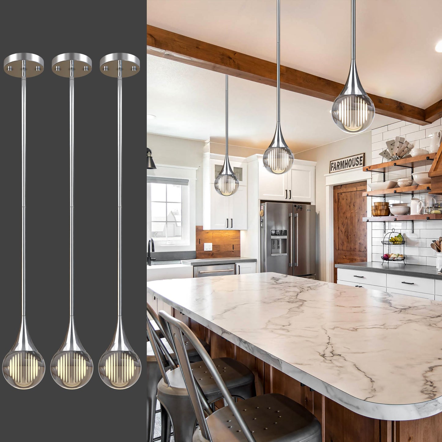 3-Pendant Lights Kitchen Island  Chrome Silver Globe Crystal Ceiling Hanging Light Fxitures  Led Light Fixtures Metal Rod Ceiling Glass Pendant Lighting For Kitchen Island Dining Room Bar