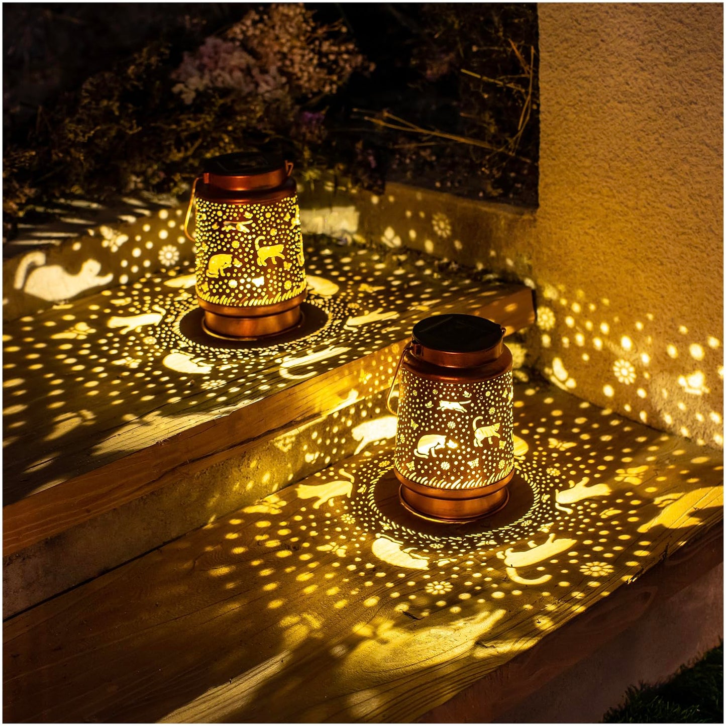 EZTZEN 2 Pack Cat Solar Lanterns, Waterproof Metal Decorative Lights for Garden, Brown, Model HW-DL-026-2pack