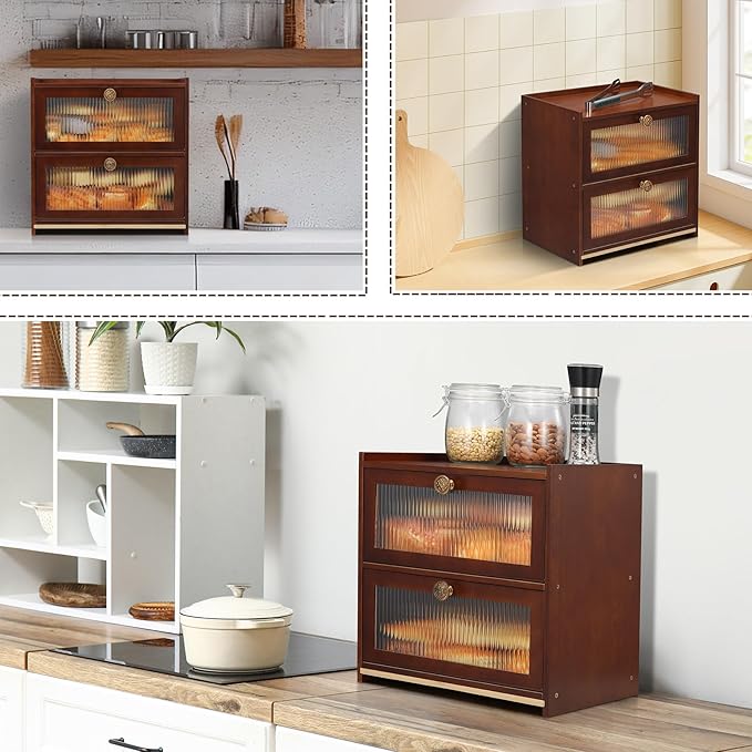 Bread Box, Extra Large 100% Bamboo Wood Bread Box for Kitchen Counter, Vintage Double Layer Bread Storage Container Bin with Cutting Board, with 11" Stainless Steel Kitchen Tongs