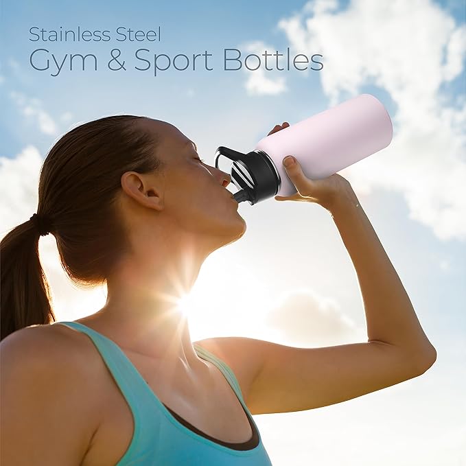 SipX™ Triple-Insulated Stainless Steel Water Bottle 32oz. With 3 Lids, BPA-Free Reusable Insulated Water Bottle Keeps Cold 24 Hours, Metal Water Bottle Made Of Sustainable Material For Hiking & Biking
