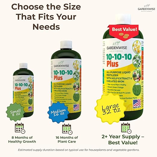 10-10-10 Fertilizer for All Purpose Plants - Liquid Fertilizer with Seaweed Kelp & Iron - Plant Food Outdoor & Indoor Plant Food, Vegetables,Flowers, Lawn & Garden 10 10 10 Fertilizer 16 oz