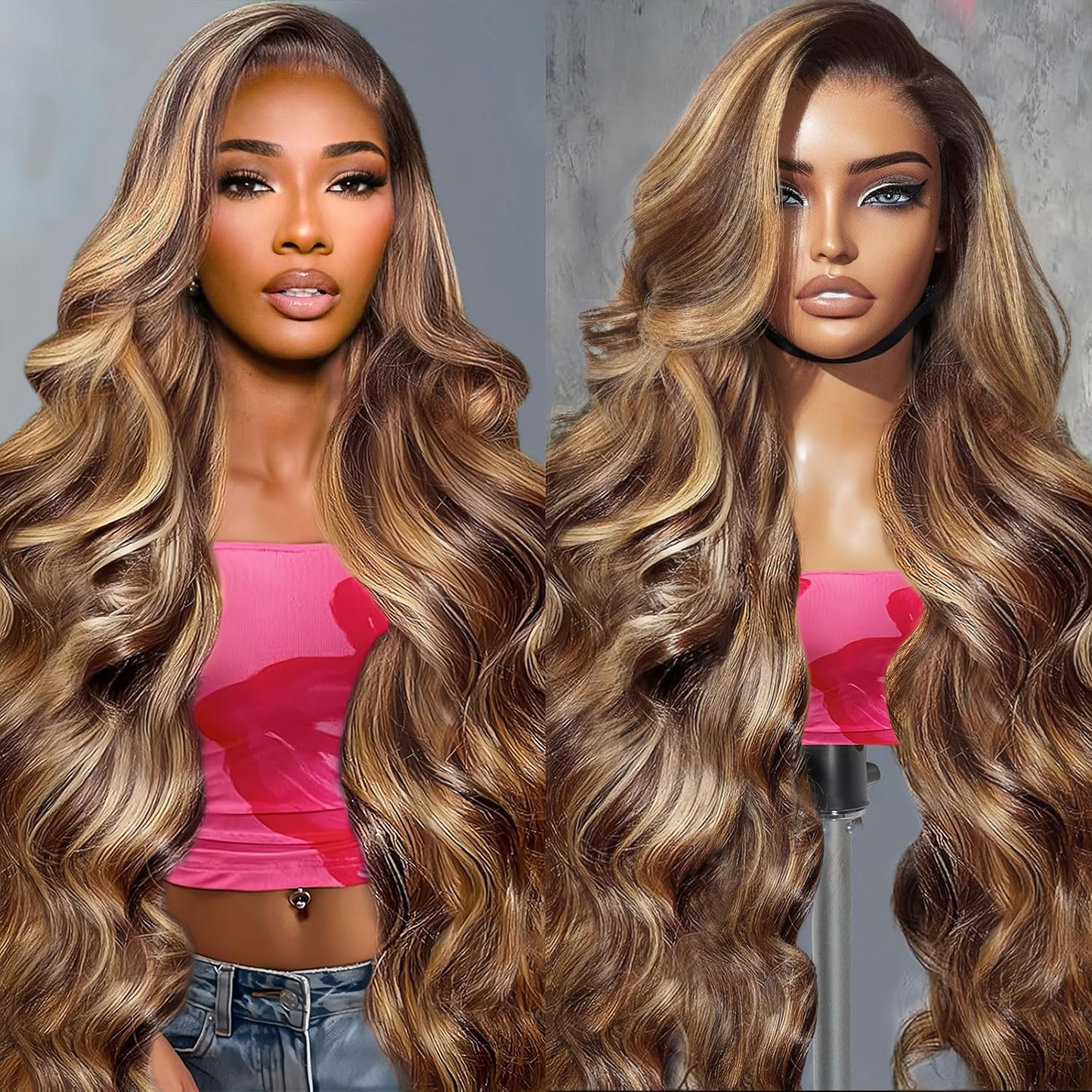 Hepnok Honey Blonde Highlight Wig Human Hair Ombre Body Wave 13x6 HD Lace Front Wigs Human Hair Pre Plucked 200% Density P4/27 B