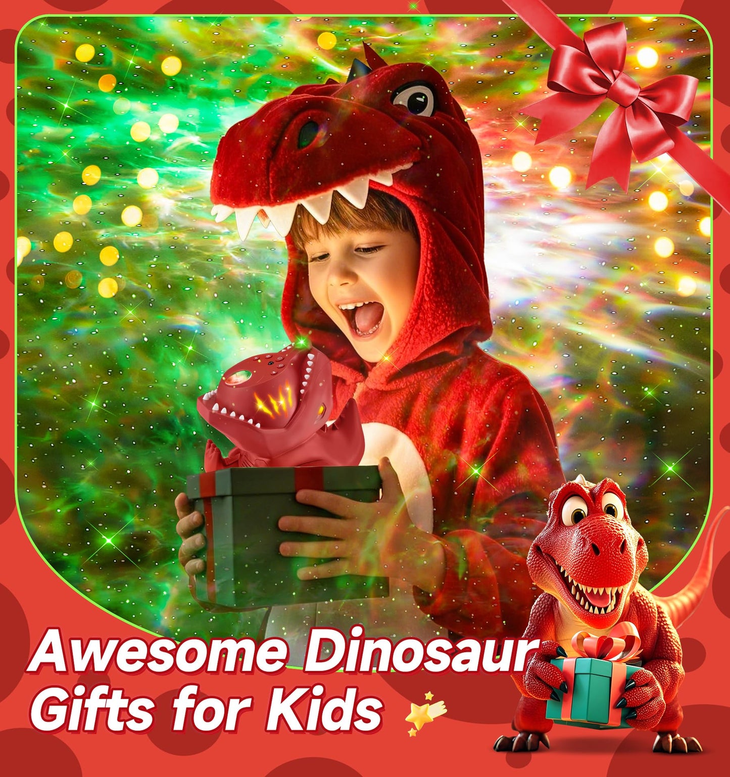 PIKOY Dinosaur Night Light Projector with 22 White Noises, 316 Color Modes, Bluetooth Speaker - Red, Model WH-E23