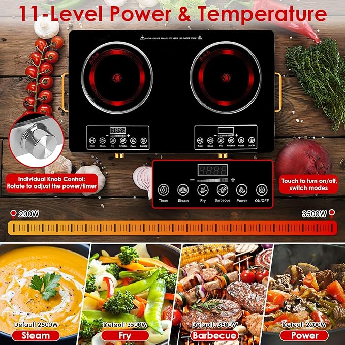 Double Burner Infrared Electric Cooktop, 3500W Ceramic Hot Plates for Countertop, 11 Power Levels 0-4H Timer, LED Display, Portable Handle, Portable Stove for Home RV Camping(Black)