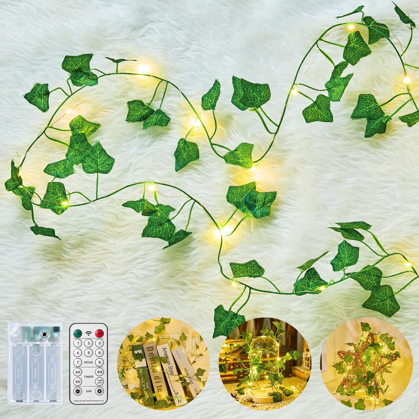 Minetom Vine Lights For Bedroom  21Ft 60Led Fairy Lights Battery Operated With Remote Control  8 Lighting Modes Ivy Vines String Light For Bedroom Room Wall Wedding Christmas  Warm White