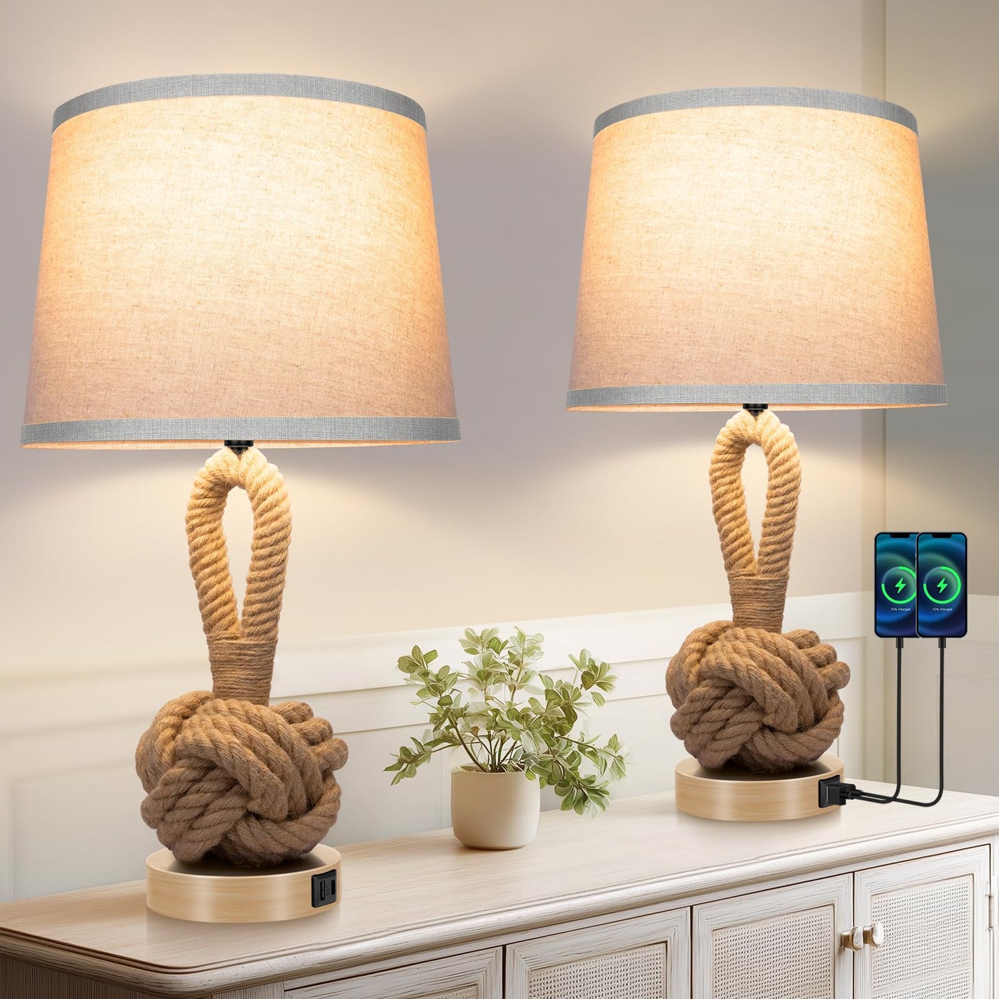 Vallerico 22in Rope Table Lamps Set of 2, Boho Design, USB Ports, Hemp Rope Rattan, Brown, Model VR-RTB-W2