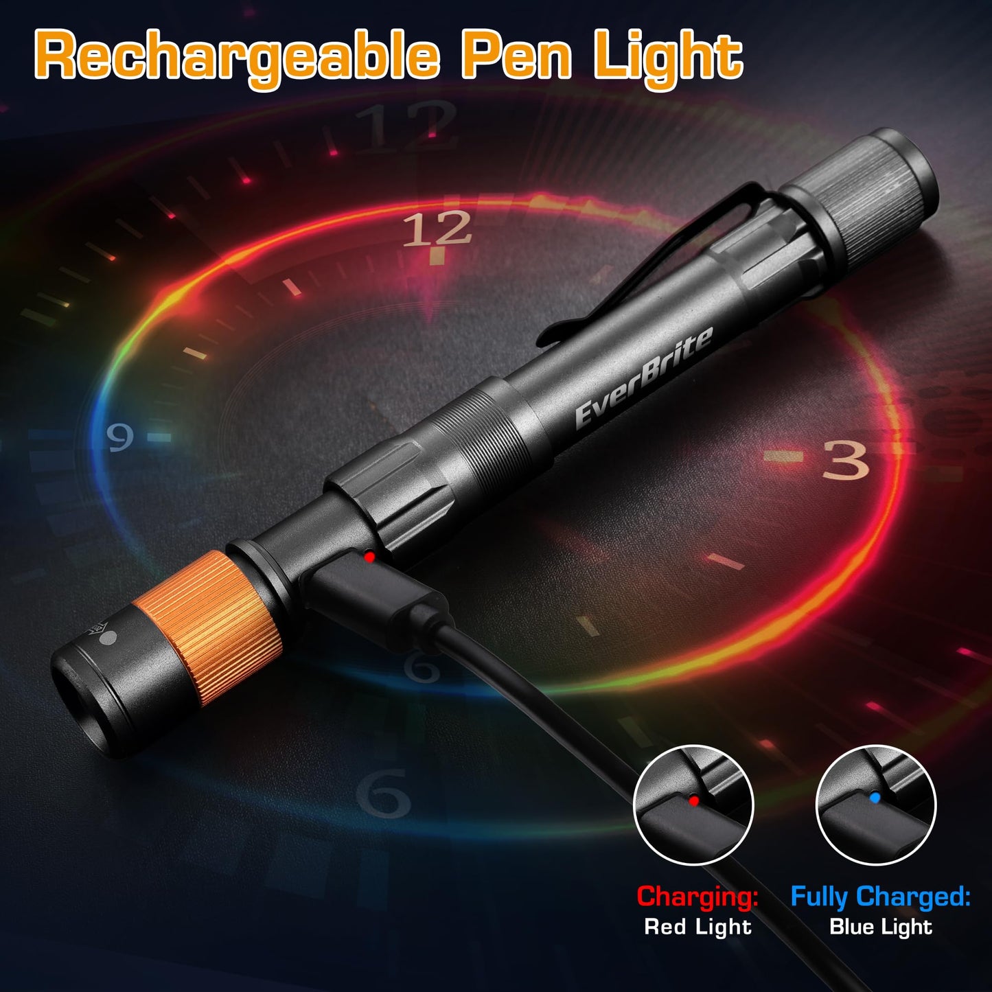EverBrite Rechargeable Pen Light, 300 Lumens LED Flashlight, Zoomable, Aluminum, Black