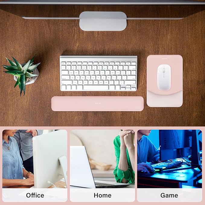 MOSISO Wrist Rest Support for Mouse Pad&Keyboard Set, Rectangular Ergonomic Mousepad Non-Slip Base Home/Office Pain Relief&Easy Typing Pad with Neoprene Cloth&Raised Silicone Lining, Baby Pink