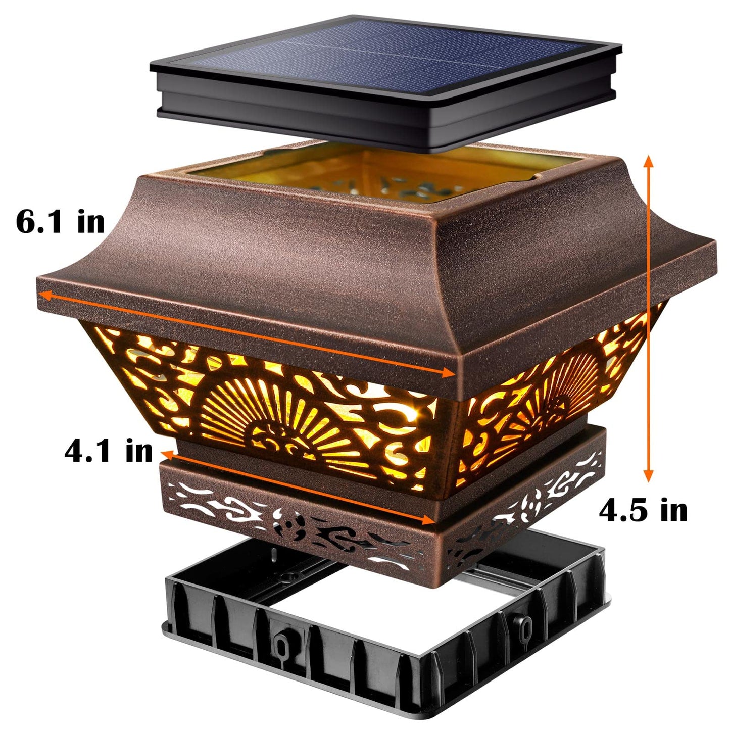 DenicMic Solar Post Lights 2 Pack, 25 Lumen Warm White LED, Waterproof Metal, Fits 3.5x3.5 to 5x5 Posts, Copper