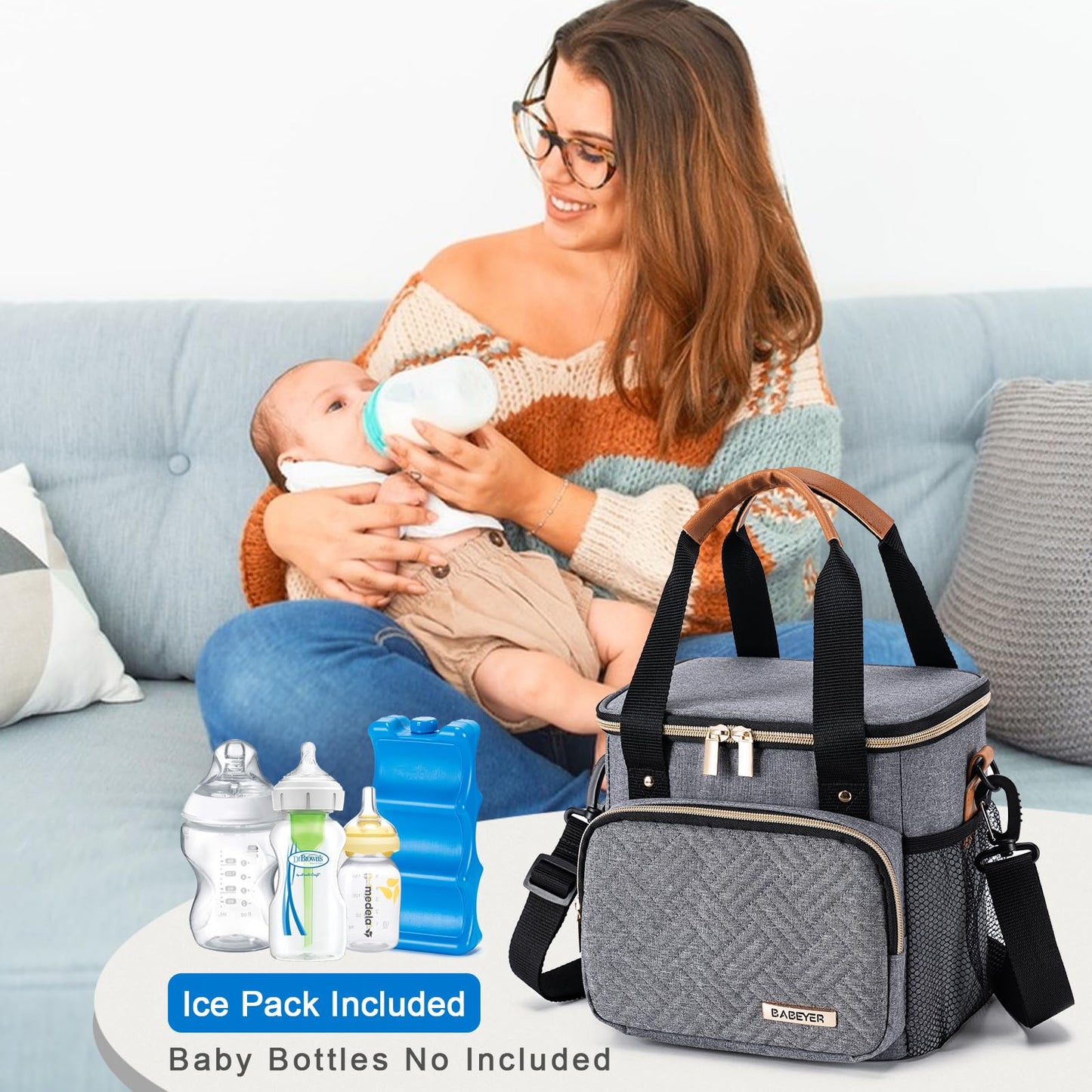 BABEYER Breastmilk Cooler Bag with Ice Pack Fits 6 Baby Bottles up to 9 Ounce, Breast Milk Pump Cooler Bag for Nursing Mom Daycare, Work, Travel-Grey