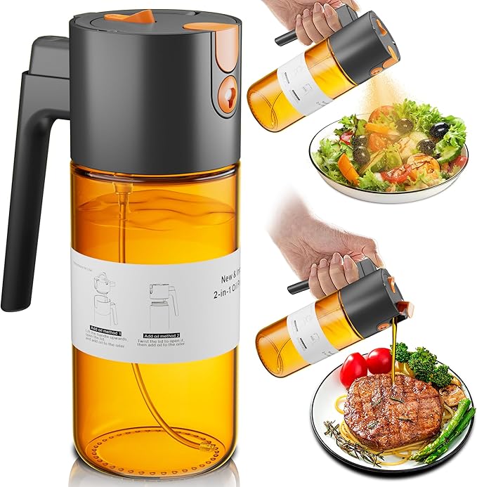 Upgrade 2 in 1 Oil Sprayer for Cooking, Olive Oil Dispenser Bottle for Kitchen Gadgets with Stickers, 17oz/500ml Food Grade Light-Blocking Glass Spray Bottle for Salad, Air Fryer, BBQ