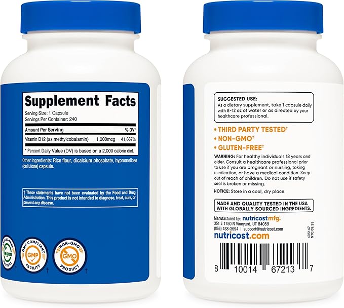 Nutricost Vitamin B12 (Methylcobalamin) 1000mcg, 240 Capsules - Vegetarian, Non-GMO & Gluten Free B12 Supplement