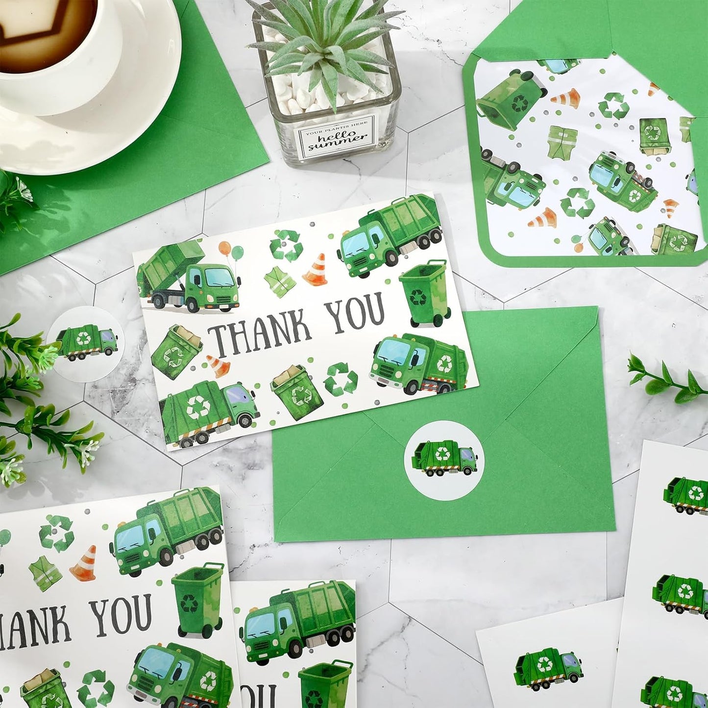 Whaline 24Pcs Garbage Truck Thank You Cards Green Trash Truck Note Cards with Envelopes Stickers Blank Greeting Card for Birthday Baby Shower, 4 x 6 Inch