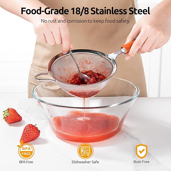 U-Taste Fine Mesh Food Strainer: 18/8 Stainless Steel 30 Mesh Kitchen Sieve with Sturdy Riveted Silicone Handle, Heavy Duty Deep Handheld Metal Colander (Small/3.35in+Medium/4.73, Orange)