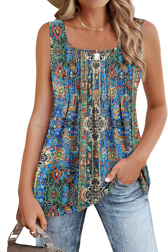 Zeagoo Women's Summer Tank Tops 2026 Pleated Square Neck Loose Fit Casual Flowy Tunic Sleeveless Shirts