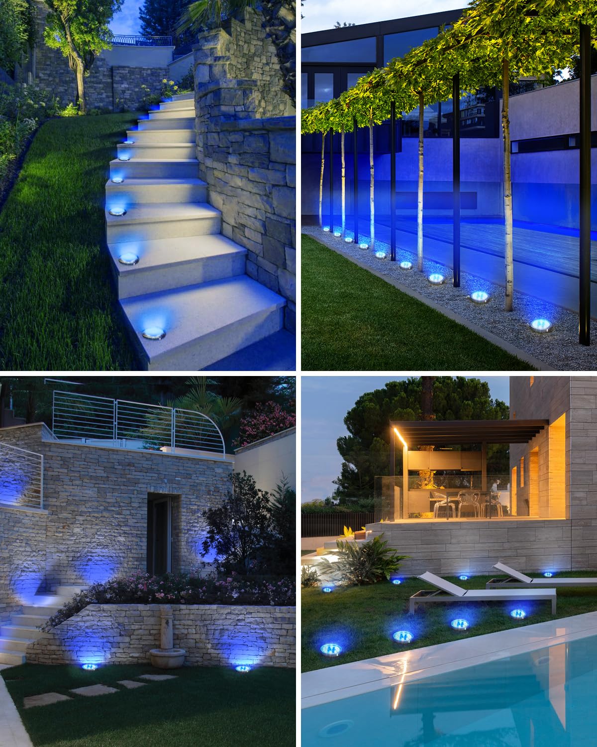 btfarm Solar Ground Lights, 8 LED Waterproof Disc Lights, 4 Pack, Blue, Model DC-CD915