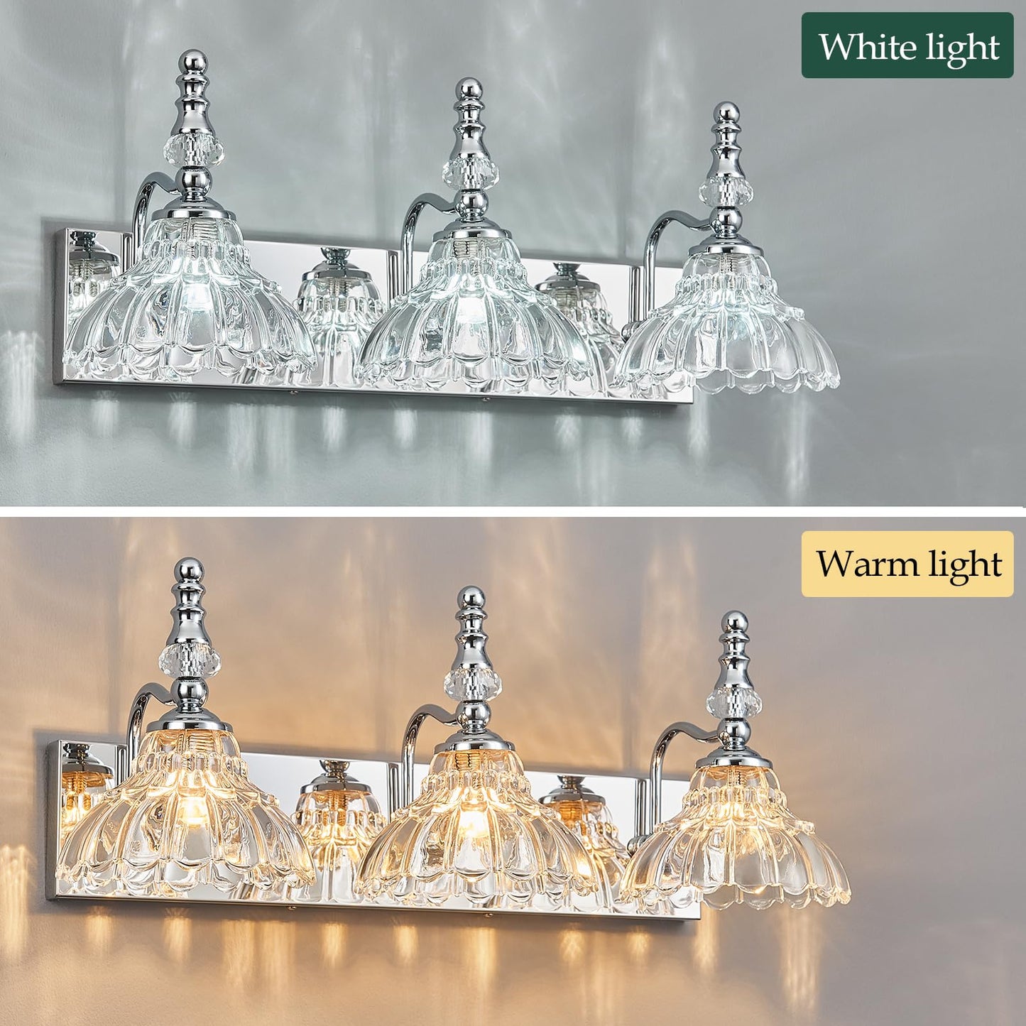 Lbsqj Vintage Bathroom Vanity Light  3-Light Chrome Vanity Lighting Fixture With Flower Glass Shade  Bathroom Lighting Fixtures Over Mirror