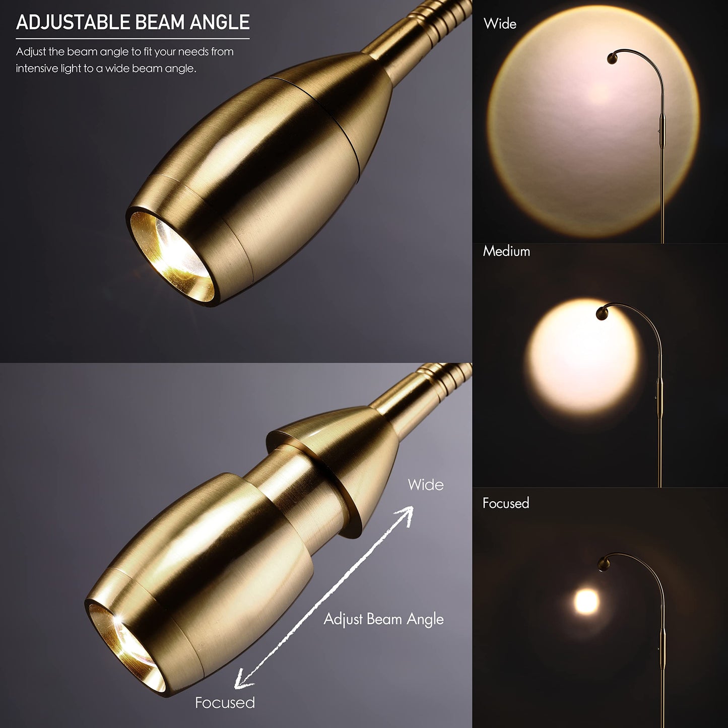 OBright Adjustable LED Beam Floor Lamp, Dimmable, Zoomable, Antique Brass, Flexible Gooseneck, Model OB-FL15M