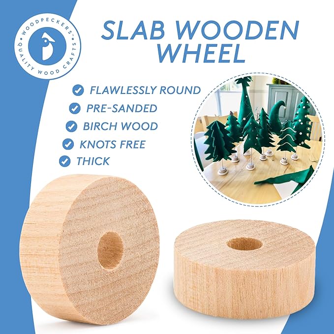1-1/2-inch Diameter Slab Wooden Wheel for Craft, 1/4-inch Hole, 1/2-inch Thick, Pack of 24 Wooden Hobby Wheel for Model, by Woodpeckers