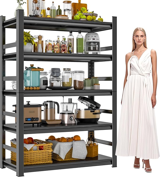 Kitchen Storage Shelves, 72" H × 48" W Heavy Duty Shelving Unit, 5-Tier Adjustable Pantry Shelf, Food and Beverage Storage Shelves, Durable Metal Shelving, Appliance Storage, Black