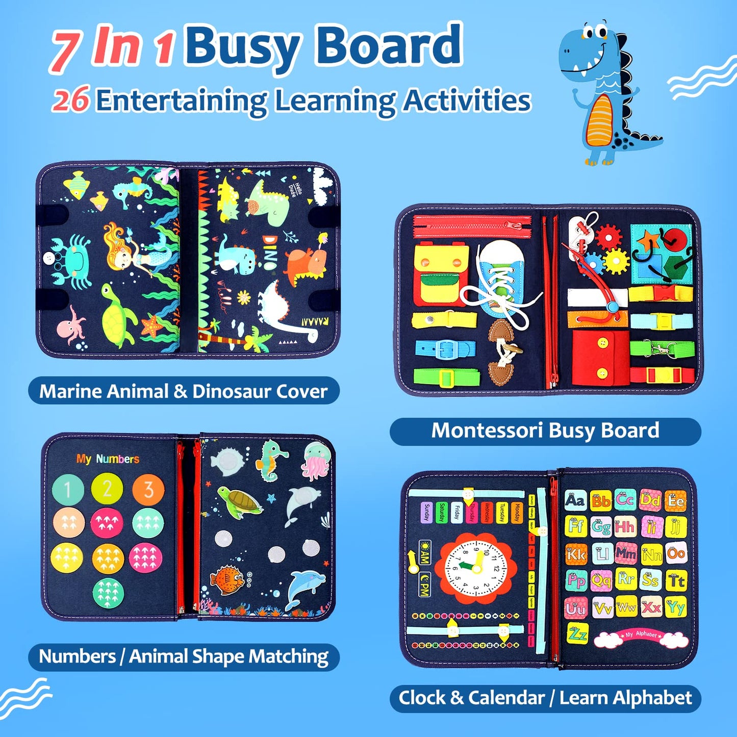 Qizfun Busy Board Montessori Toy for Toddlers, Educational Sensory Learning Toy for Fine Motor Skills, Preschool Travel Toy for Airplane & Car, Gifts for Boys and Girls (Blue/P4)