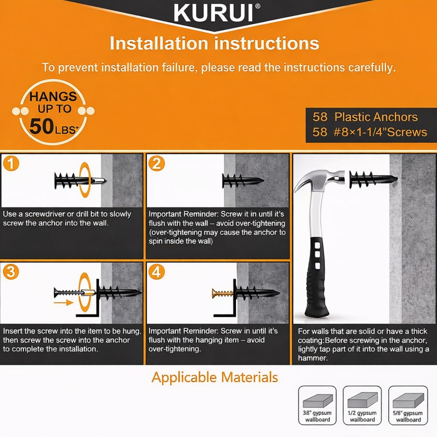 KURUI Metal Self Drilling Drywall Anchors, 116PCs Shatter-Resistant Wall Anchors and Screws Kit, 58 Heavy Duty Sheetrock Anchors + 58#6 x 1-1/4'' Screws, Zinc Hollow Dry Wall Anchors 50LB Hanging