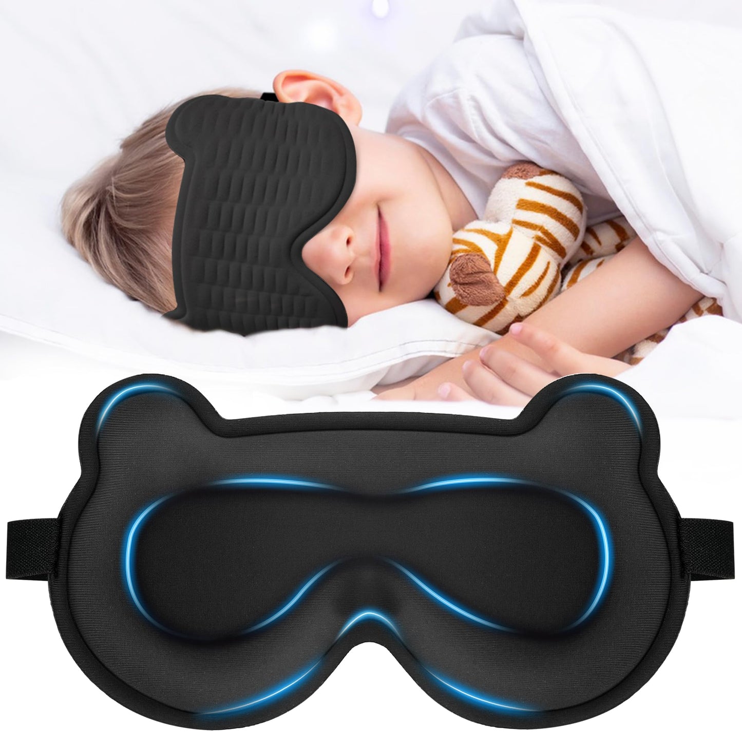 Kids Sleep Mask, 3D Sleeping Eye Mask for Kids with Adjustable Elastic Strap, Bear Shape Eye Cover with Memory Foam, Soft & Light-Blocking, Gift for Boys Girls Teens Age 5–15 (Black)