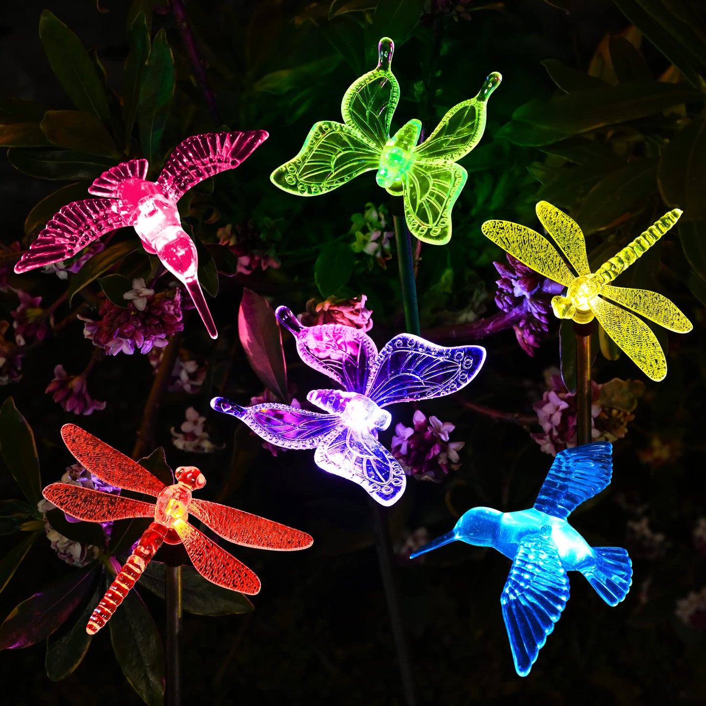 SOLPEX Solar Garden Lights, 6 Pack, Multi-Color Changing LED, Plastic, Dragonfly Design for Yard, Patio, Lawn