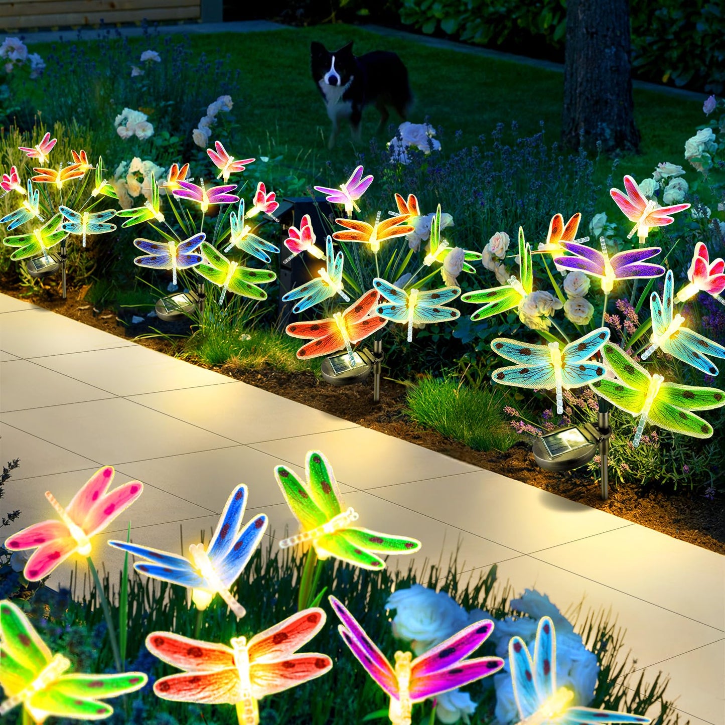 Anordsem Solar Garden Lights Outdoor: 8 Removable Fiber Optic Fabric Dragonflies 4 Pack - Waterproof Fun Animal Decoration For Yard Patio - Gardening Gifts For Garden Lovers
