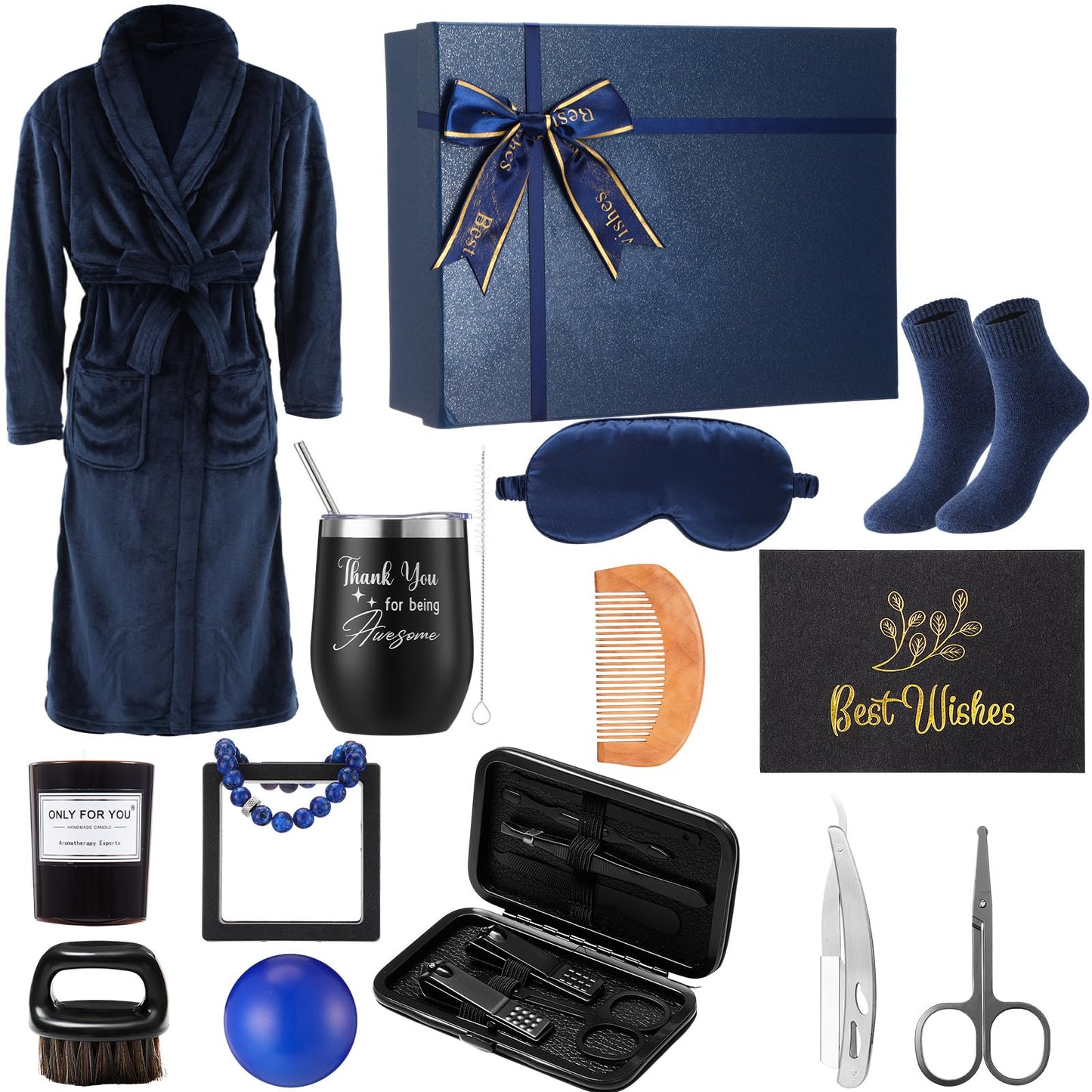 Nuogo 15 Pcs Birthday Gifts for Men Beard Care Set for Him Christmas Gifts Basket Ideas Kit for Men Tumbler Bath Robe for Dad Husband Boyfriend Box Christmas Gifts Baskets(Navy)