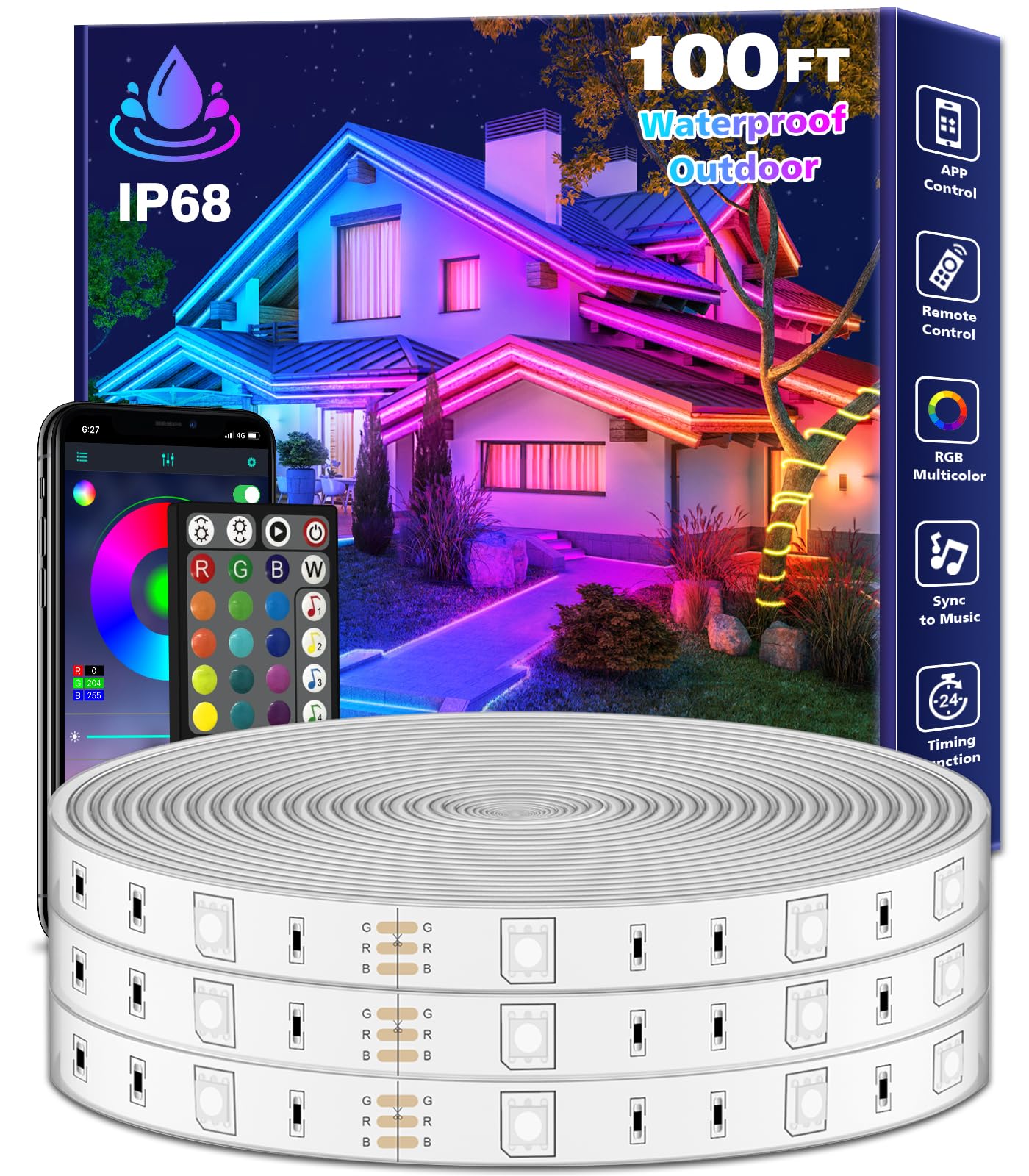 Aulimhti 100FT Outdoor LED Strip Lights, Waterproof RGB, Music Sync, Remote & App Control, Ideal for Deck, Garden, Pool