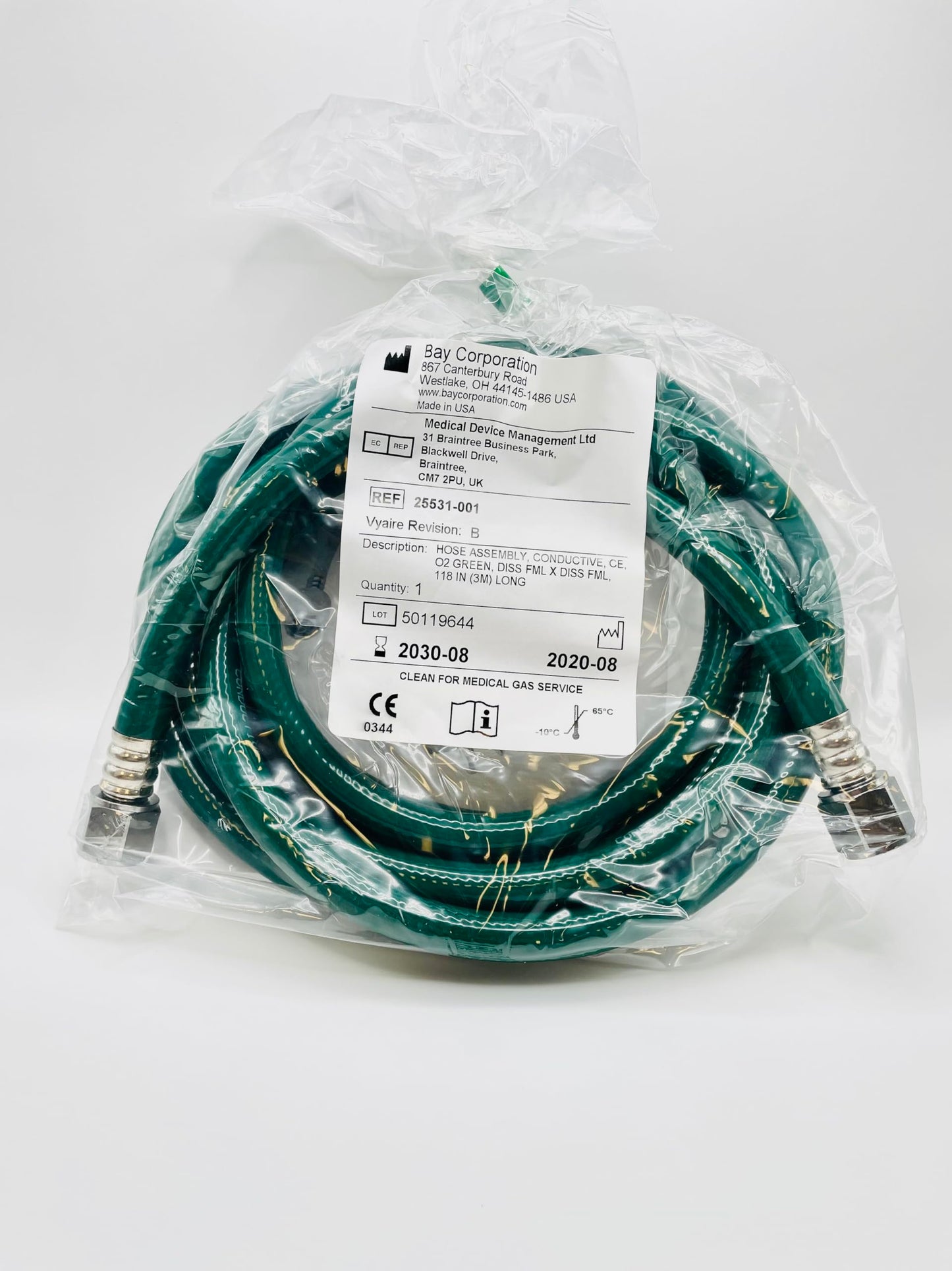 O2-Oxygen Hose-25531-001, Color-Green, 3 Meters or 118", DISS Female X Diss Female X Diss. Clean for medical use.