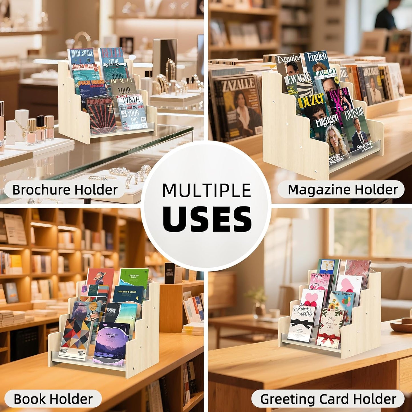 4-Tier Wooden Greeting Card Display Stand, Acrylic Brochure Holder for Retail Counter, Craft Fairs Photo Picture Postcard Organizer Rack, Space-Saving Desktop Display