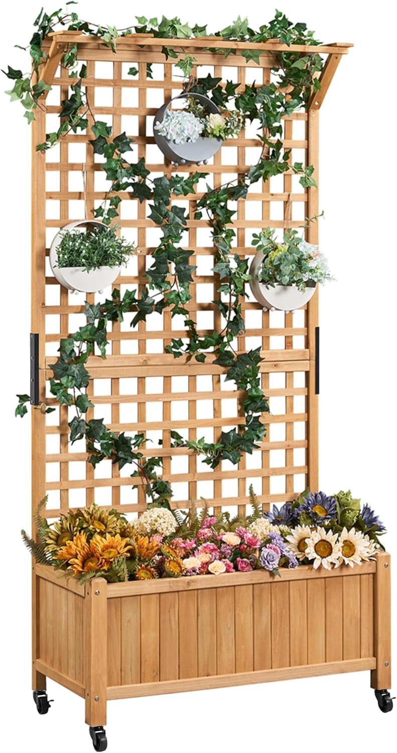 Yaheetech 72" H Horticulture Garden Planter with Trellis for Vine Climbing Plants Garden Box Outdoor w/Drainage Holes Raised Garden Bed Garden Planter Box for Flowers, Herbs Light Brown