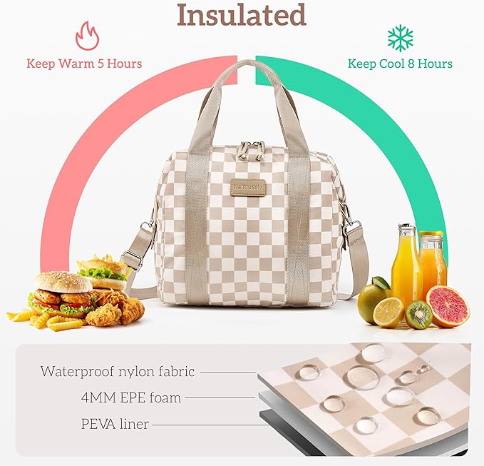 Lunch Bag Women Insulated Lunch Box,Cute Lunch bags,Reusable Large Capacity Leakproof Cooler Bag with Adjustable Shoulder Strap for Men Adult Work Office Picnic Travel Checkered Brown
