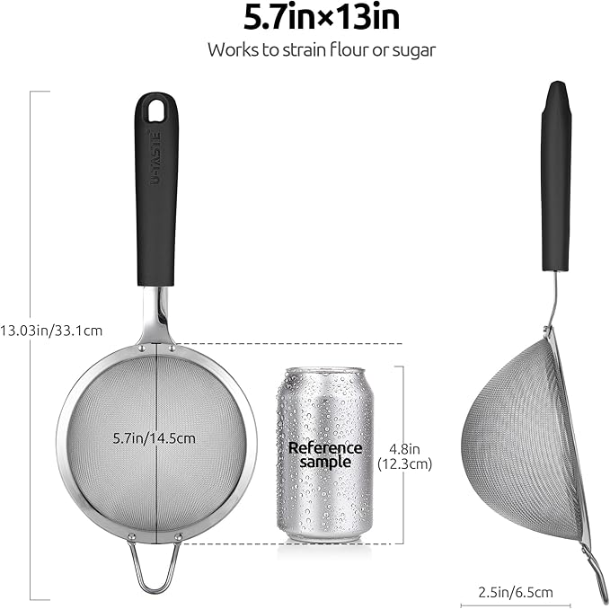 U-Taste 5.5 Inch 18/8 Stainless Steel Mesh Strainer and 12.6in Stainless Steel Danish Dough Whisk (Black)