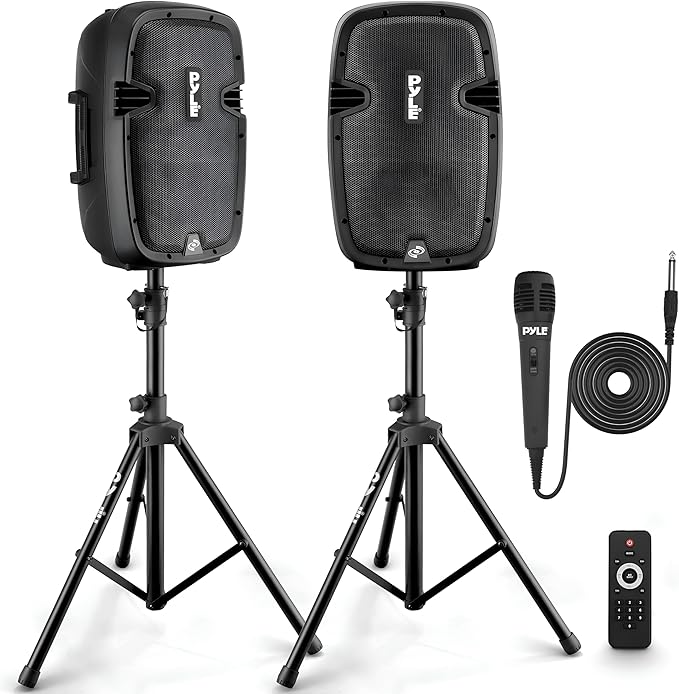 Pyle Portable Bluetooth PA Speaker System Kit - 700W Powered Active & Passive 8" Speakers with Stands, Wired Microphone, R...