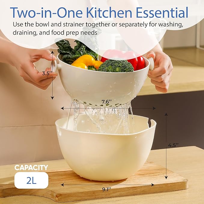 Chef's Path 2 in 1 Kitchen Strainer and Colander for Kitchen, Multifunctional Food Strainer Set, BPA Free Plastic Colander with Handle, Pasta Drainer, Veggie and Fruit Cleaner - White