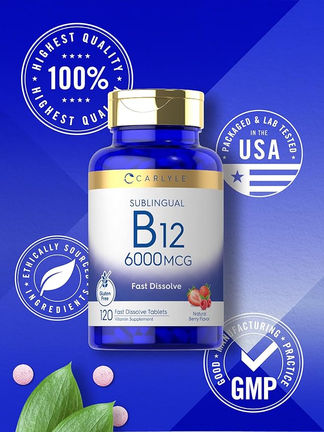 Carlyle Vitamin B-12 6000mcg | 120 Fast Dissolve Tablets | Natural Berry Flavor | Cyanocobalamin & Methylcobalamin | Vegetarian, Non-GMO, and Gluten Free Sublingual Supplement